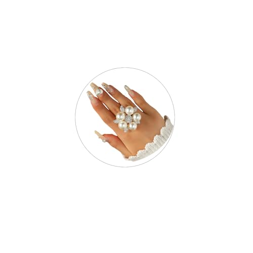 Trendy Pearl Ring Stacking Promise Ring with Adjustable Open Finger Ring in Retro Exaggerated Pearl Cluster Style - Personality Statement Jewelry for Women
