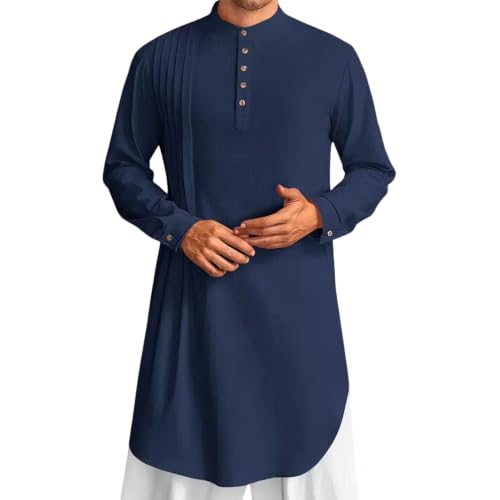 Peignoir caftan homme coton et lin bleu marine - Robe longue de prière et détente