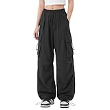Supcomsta Cargo Trousers Women High Waist Drawstring Stretchy Combat Trousers Quick Dry Hiking Ladies Cargo Pants Baggy Wide Leg Y2K with Multi Pockets (UK, Alpha, S, Regular, Regular, Black)