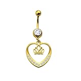 AMDXD Piercing para ombligo dorado, con forma de corazón, corona, colgante de ombligo, con cristales blancos de acero inoxidable, joyas brillantes, 48 mm