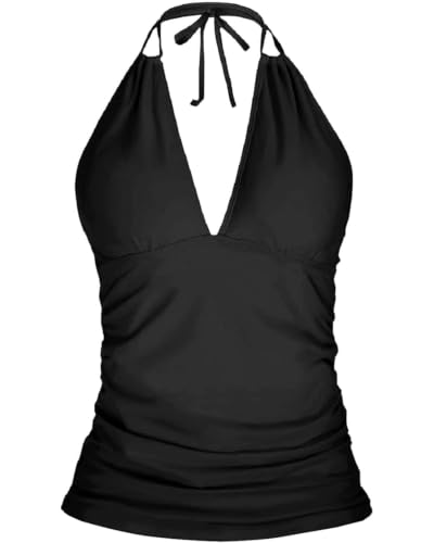 Yonique Womens Halter Tankini Top No Bottom V Neck Swim Top Tummy Control Bathing Suit Top Black L