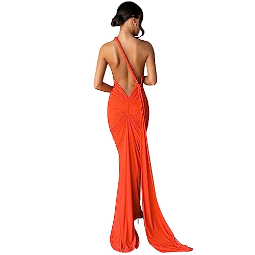 Image of Suillty Women's Sexy Oblique Shoulder Backless Maxi Dress Ruched Back Strap Sleeveless Party Club Long Dresses Bodycon