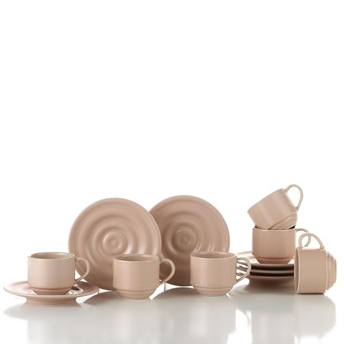 Kütahya Porselen New Tuana Set 6 Tazzine da Caffè - Rosa | Porcellana 85 ml con Piattino | Ideale per Caffè Turco, Espresso, Moka | Lavabile in Lavastoviglie | Design Elegante