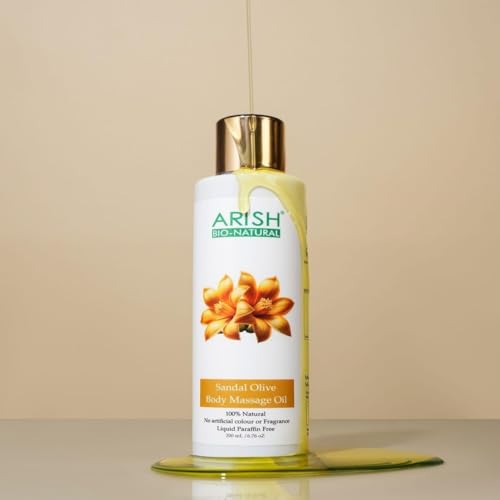 Image of ARISH BIO-NATURAL Sandal Olive Body Massage Oil | Nourishing Olive & Sandalwood Blend for Deep Hydation & Radiant Glow | Relaxing Full Body Oil for Men & Women | Suitable for All Skin Types | 200 ml