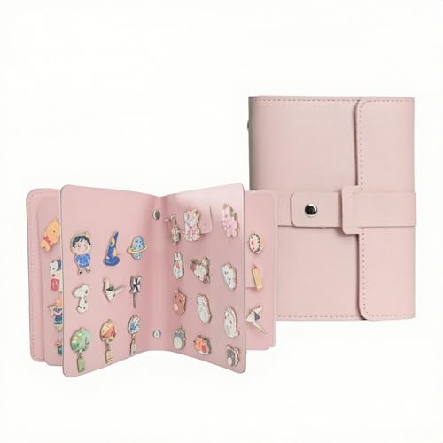 Image of Enamel Pin Display Book - 4 Page Leather Travel Organizer for Collectors, Portable Lapel Pin Holder with Secure Storage, Compact Pin Trading Book (Pink)