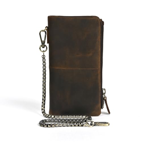 Vintage Long Genuine Leather Bifold Wallet for Men RFID Blocking with Zipper Pocket (Coffee)