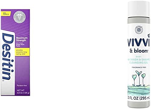 Image of Desitin Maximum Strength Baby Diaper Rash Cream with 40% Zinc Oxide for Treatment, Relief & Prevention, 4.8 oz with VIVVI & BLOOM Gentle 2-in-1 Baby Wash & Shampoo Cleansing Gel 10 oz