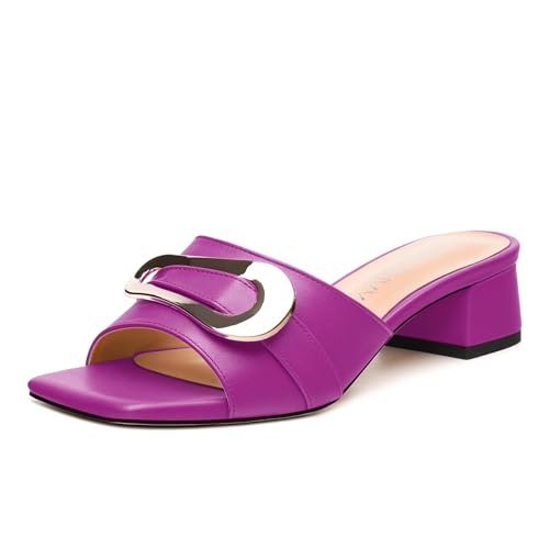 Women's Low Heel Slide Sandals - Square Open Toe with Gold Hardware, Comfortable Work & Party Shoes for Everyday Essential