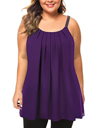 MANER Women s Plus Size Cami Casual Pleated Chiffon Tank Top with Beaded Strap (Purple, XXXL US 22-24)