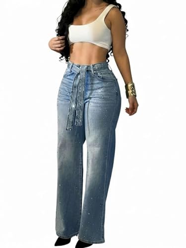 CHICME High Waisted Wide Leg Jeans for Women Rhinestone Embellished Denim Pants with Matching Sparkle Belt-bl-XXL Blue