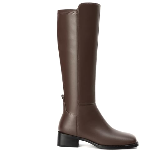 Image of vivianly Women's Knee-High Boots, Faux Leather Elastic Boots Low Heel Square Toe, Side Zipper Tall Boots