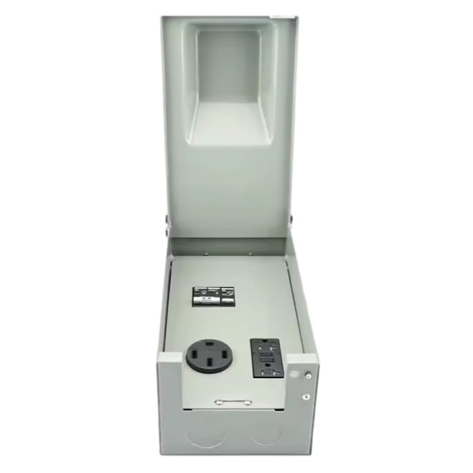 RV Power Outlet Panel - 50A, 30A, 20A Receptacles with Circuit Breakers, Weatherproof and UL Listed