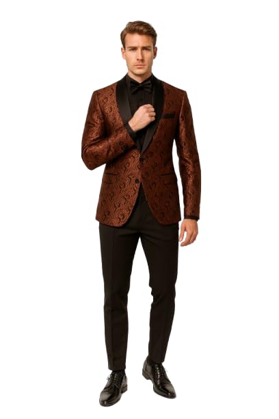 Men’s Rust Copper Brick Color Paisley Tuxedo Jacket Dinner and Wedding Blazer with Black Pants Matching Bowtie
