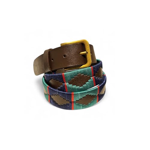 LeeToro Cinturón argentino hecho a mano de cuero cinturón hombre mujer premium unisex marrón bordado diseñador polo cuero cinturón gaucho hebilla estilo antiguo, Azul Marino Y Turquesa, L= 100, 105