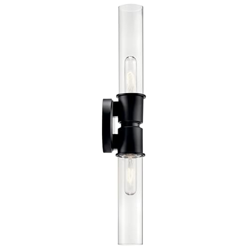 Image of Kichler Aviv 2-Light Wall Sconce, Modern Light with Clear Glass in Black, for Bedroom, Laundry Room, Kitchen or Hallway (24 inch x 5.5 inch), 52654BK