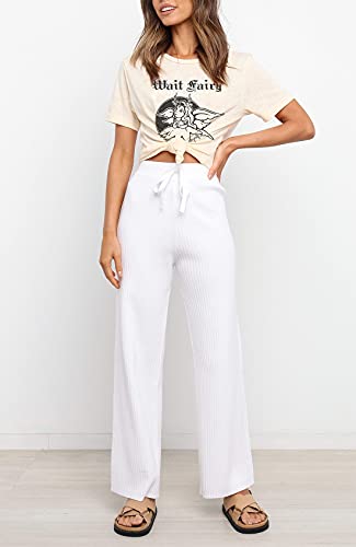 Waitfairy Womens Rib Knit Wide Leg Flowy Pants High Waist Palazzo Pants Casual Loungewear Sweater Pants White S/M #TOP2
