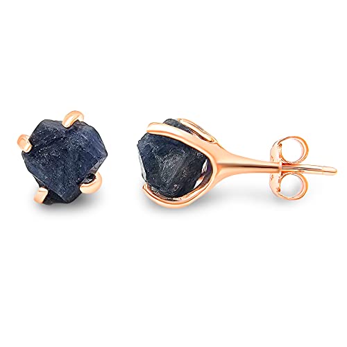 Real raw blue sapphire stud earrings with rose gold over 925 sterling silver, 6 to 7mm rough genuine quality september birthstone gift for her, Uniquelan Jewelry (blue-sapphire)