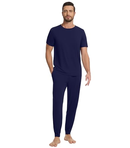 WiWi Men's Pajama Sets Viscose from Bamboo Sleepwear Short Sleeve Top and Pants Pjs Sets with Pockets Drawstring S-XXL