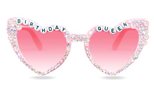 Birthday Glasses for Women, Birthday Queen Sunglasses Pink Heart Shaped Shiny Bling Diamond Pearl Sunglasses for Girl Happy Birthday Party Gift Supplies Accessories Favors