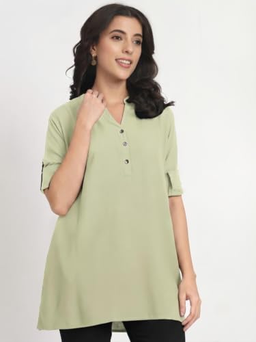 Image of Women's Roll-Up Sleeve Tunic Top, V-Neck with Button Front, Side Pockets, Rayon Short Kurti