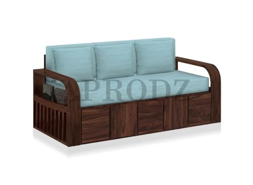 Image of APRODZ Sheesham Wood Sofa Cum Bed, 3 Seater, Walnut Finish, Blue Upholstery (75 x69 x30 Inch)