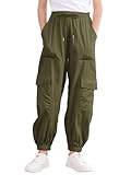 LIFAky Girls Cargo Pants Size 10-12 Casual Parachute Joggers Pants Baggy Lightweight with Pockets Hiking Travel Army Green