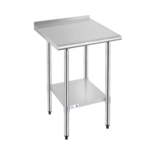 Image of ROCKPOINT Stainless Steel Table for Prep & Work with Backsplash 24x24 Inches, NSF Metal Commercial Kitchen Heavy Duty Table with Adjustable Under Shelf and Table Foot for Restaurant, Home and Hotel