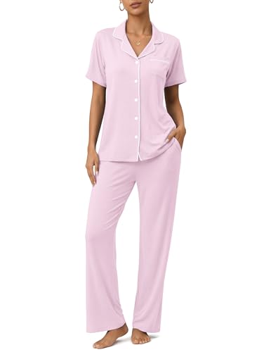 Image of ZMJ Womens Pajamas Sets 2 Piece Button Up Pj Sets Short Sleeve with Long Pant