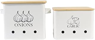 Gdfjiy Onion Garlic Storage Bin, Kitchen Vegetable Storage Tin, Set of 2 for Onion & Garlic with Wooden Lid and Aerating Holes, Kitchen Storage Canisters Set, Long Shelf Life - White