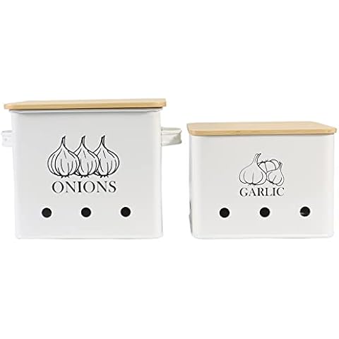 Gdfjiy Onion Garlic Storage Bin, Kitchen Vegetable Storage Tin, Set of 2 for Onion & Garlic with Wooden Lid and Aerating Holes, Kitchen Storage Canisters Set, Long Shelf Life - White Cover