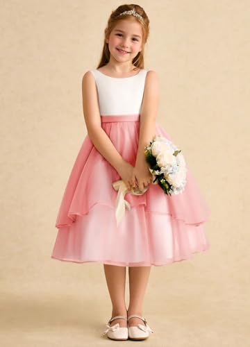 Bicolor Girls Crewneck Flower Girl Dress with Bow Knot Satin Tulle Birthday Holiday Party Dress4