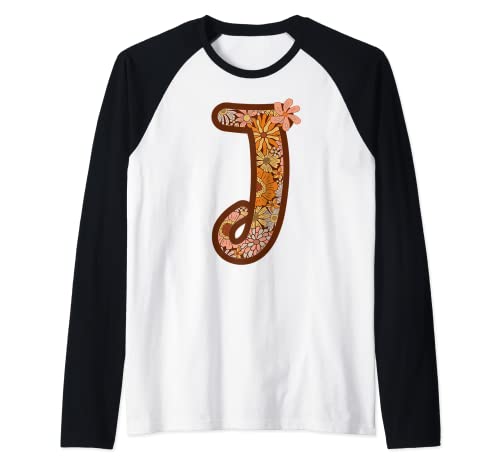 Retro Boho Groovy Floral Letter J Initial Monogrammed Name Raglan Baseball Tee