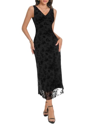 Image of Women's Sexy V Neck Sleeveless Mesh Maxi Dresses Summer Casual Elegant Long Floral Dress Wedding Guest Cocktail Party