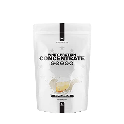 Canadian Protein Whey Concentrate 24g of Protein | 1 kg of Banana Cream Pie Flavored Low Carb Keto Friendly Workout Recovery Drink | Protein Powder Rich in BCAA Amino Acids