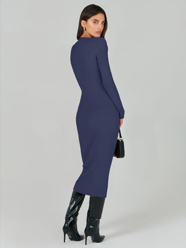 Image of ANRABESS Women Long Sleeve Sweater Dress Crewneck Bodycon Stretch Slim Fit Ribbed Knit Midi Dresses 2025 Fall Trendy Outfits