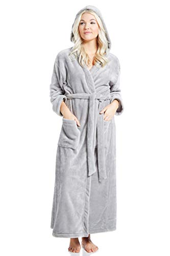 Jovannie Womens Long Thick Fleece Robe Warm Waist Belt Super Soft Spa Plush Full Length Bathrobe with Shawl Collar (Steel, L/XL)