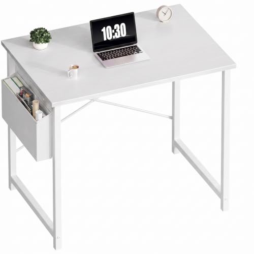 Image of OLIXIS Small Computer Desk, 31 Inch Gaming Desks for Home Office | Writing Study Craft Work Table, Computer Workstation for Bedroom Small Spaces with Storage Bag, All White