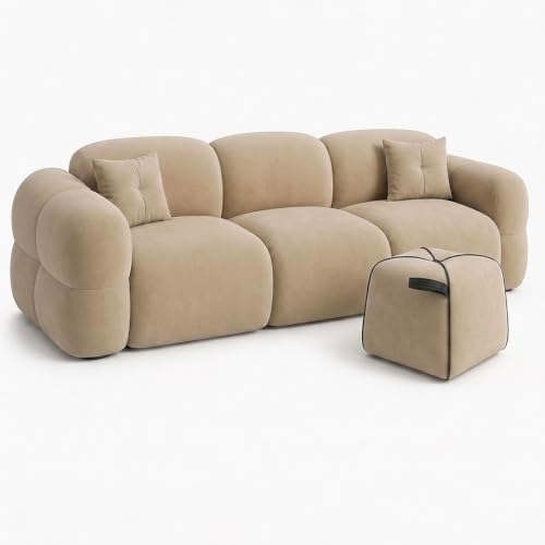 Image of FURNY Luxury Nimbus 4 Seater + Suri Pouf Sofa Set for Living Room | Boston Fabric Upholstered | Modern Cushioned Comfortable Couch for Home Office & Drawing Room | Sand Beige