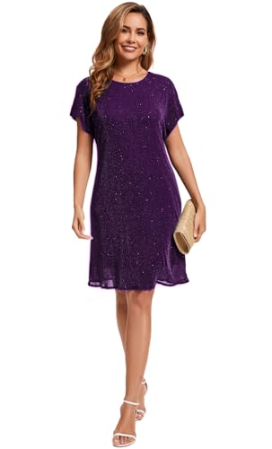 Image of Women's Crewneck Sequin Shift Dress Short Sleeve Casual Holiday Sparkly Party Dress