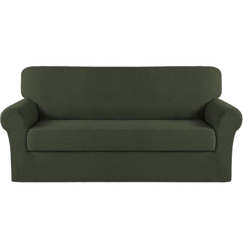 Image of Turquoize Stretch Sofa Slipcover 2 Pieces Sofa Cover Couch Cover for 3 Cushion Couch Washable Furniture Protector Covers with Elastic Bottom Feature Thick Jacquard Fabric (Sofa, Olive)