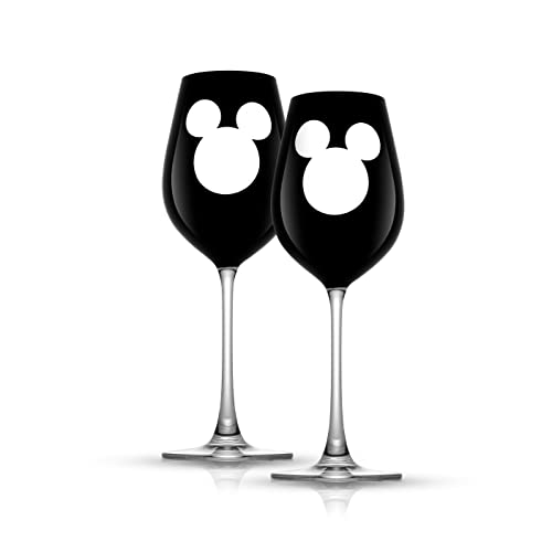 Image of JoyJolt Disney Luxury Mickey Mouse Stemmed White Wine Glasses. European Crystal Wine Glasses Set of 2 Drinking Glasses. Xmas Disney Stuff, Gifts and Cups. 16oz Black Wine Glass, Disney Wine Glass