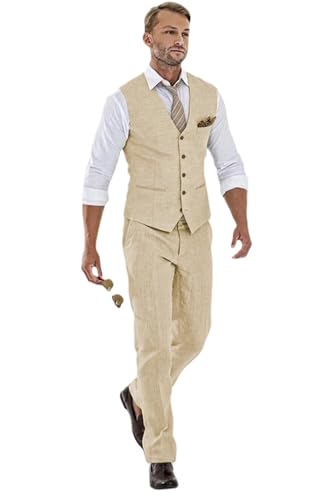 Men's Cotton Linen Suit 2 Piece Wedding Suit for Men Slim Fit Groomsmen Tuxedos Summer Beach Linen Vest Pants Set