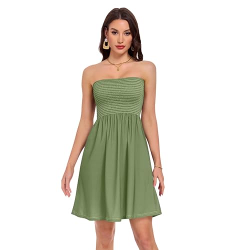 Robe d'été ample sans bretelles longue couleur unie vert olive foncé
