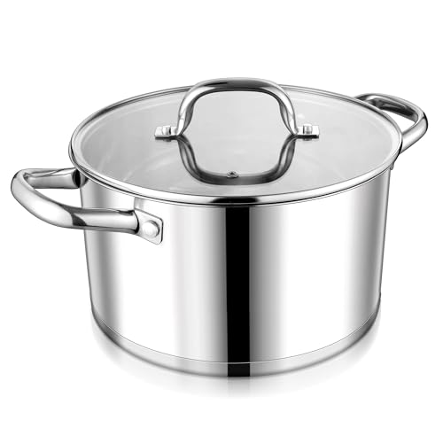LIANYU 6 QT Stainless Steel Stock Pot, Kitchen Tri-ply Base Cooking Soup Pot with Glass Lid, Heavy Duty Non-toxic Cookware for Meal, Compatible with Induction Cooktop Electric Stove, Dishwasher Safe