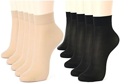 QRAFTINK Pack of 10 (5 Black+5 Beige) Skin Ultra-Thin Transparent Nylon Summer Skin Socks for Women/Girl's (Ankle Length) with Thumb