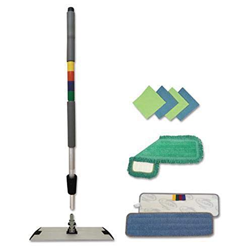 Image of Boardwalk MFKIT Microfiber Mopping Kit, 18 inch Mop Head, 35-60 inch Handle, Blue /Green /Gray