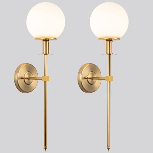 Battery Operated Wall Sconces Set Of 2,Gold Battery Powered Wall Lights,White Glass Globe With Remote Control Dimmable Wall Lamp , Wireless Light Fixture For Bedroom, Living Room, Bathroom, Hallway #TOP6