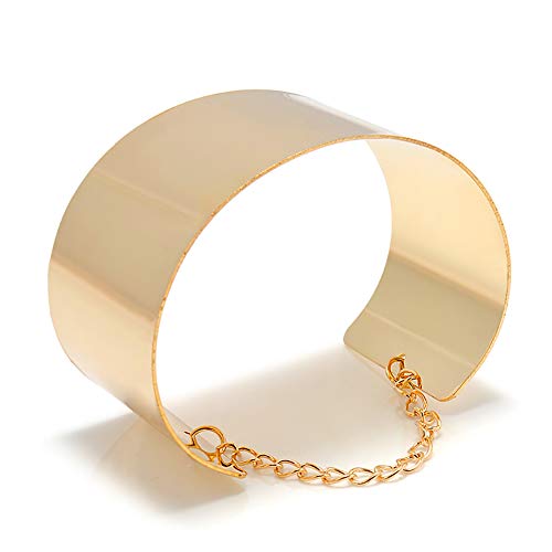 Alloy Adjustable Smooth Open Ended Gold Wide Cuff Bangle Bracelet with Chain2