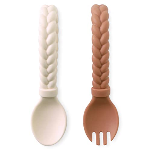 Image of Itzy Ritzy Silicone Spoon & Fork Set Baby Utensils Featuring a Baby Fork and Spoon with Looped, Braided Handles - Made of 100% Food Grade Silicone & BPA-Free - 6 Months and Up (Buttercream and Toffee)