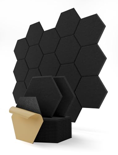 Hexagon Acoustic Wall Panels Self-Adhesive, 18 Pack Sound Absorbing Tiles for Walls & Doors, Decorative Peel & Stick Interior Panel for Studio, Home Office, Gaming Room, 12"x10"x0.4", Black